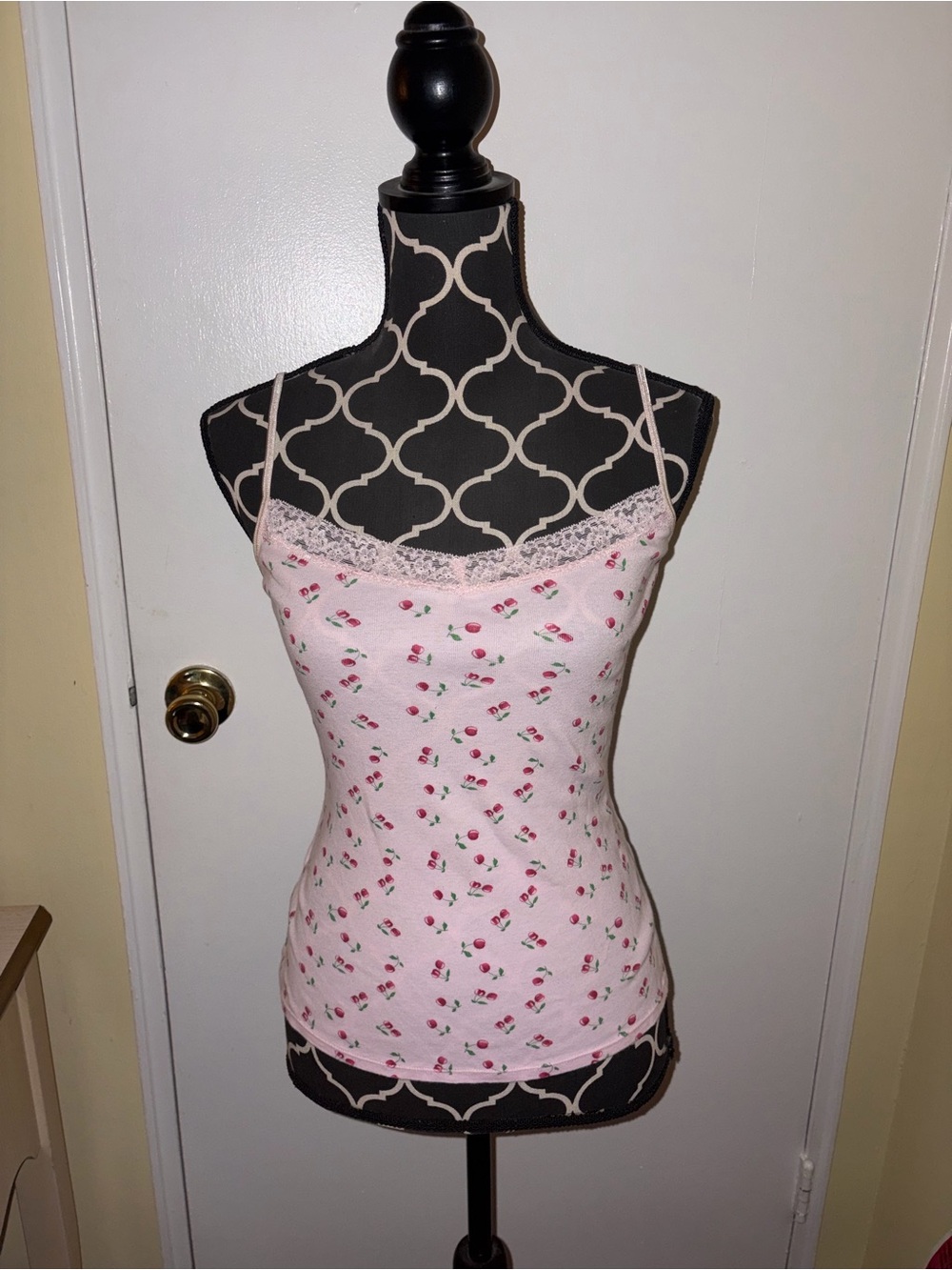 Coquette Pink Cherry Floral Lace-Trim Camisole Tank Top Cotton